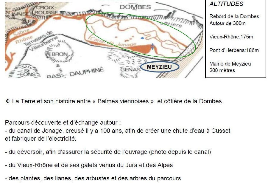 Du pont d'Herbens aux vieux Rh�ne.
La Terre et son histoire entre � Balmes viennoises �  et c�ti�re de la Dombes.

Parcours d�couverte et d'�change 
autour :
- du canal de Jonage, creus� il y a 100 ans, afin de cr�er une chute d'eau � Cusset et fabriquer de l'�lectricit�.
- du d�versoir, afin d'assurer la s�curit� de l'ouvrage (photo depuis le canal)
-du Vieux-Rh�ne et de ses galets venus du Jura et des Alpes
-des plantes, des lianes, des arbustes et des arbres du parcours